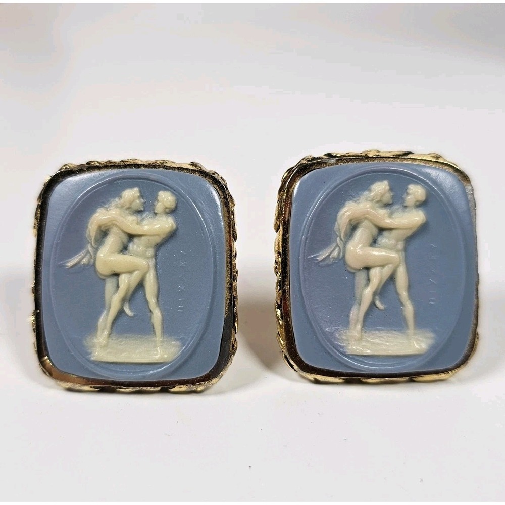 Vtg Cufflinks Blue Jasperware Cameo Suit Business Gold Tone